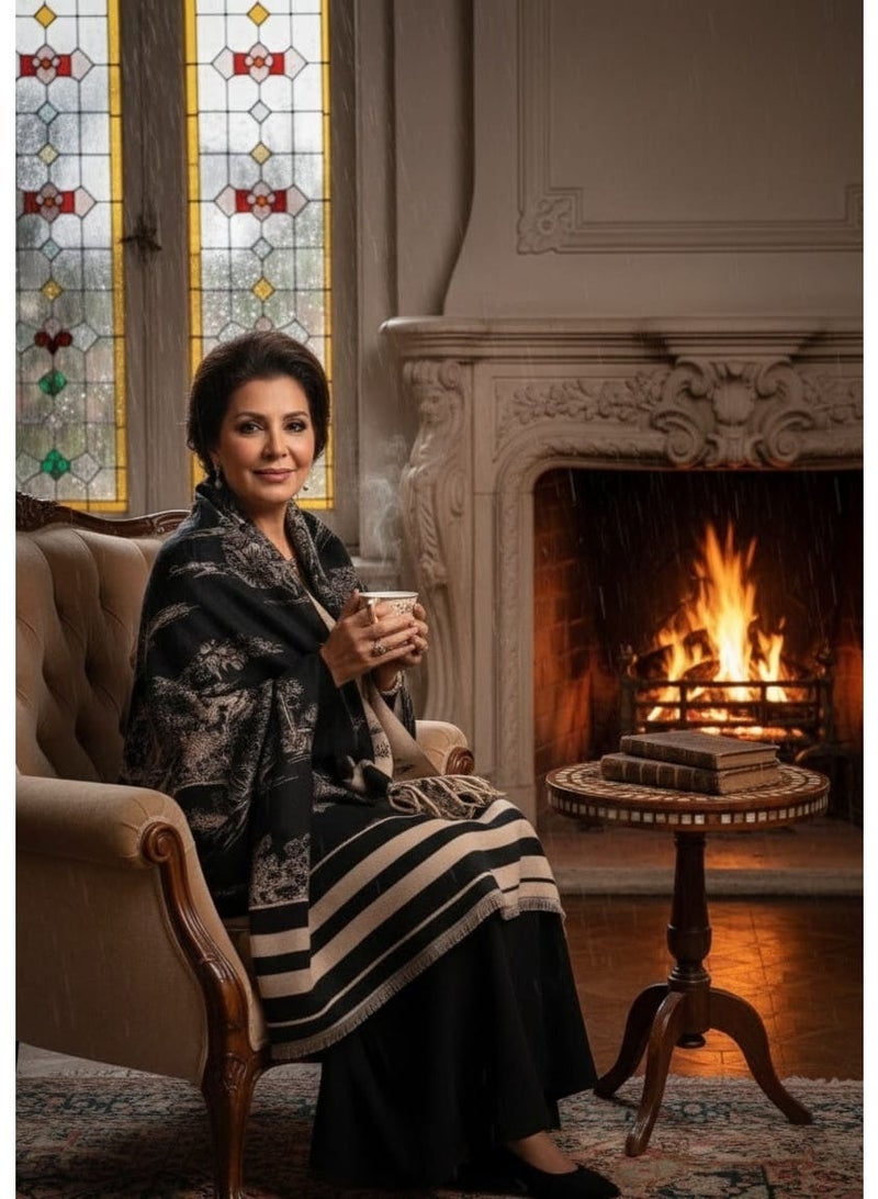 بوهو وشاح كشميري نسائي ذو وجهين ٫ شال ناعم من مزيج الكشمير والقطن  بنمط أشجار ومخطط من الأطراف وغير مغلق باهداب قصيرة ٫ إسكارف نسائي شتوي وخريفي مقاوم للرياح والجو البارد  باللونين الأسود والبيج  ١٨٥ × ٦٥ سم - Image 1